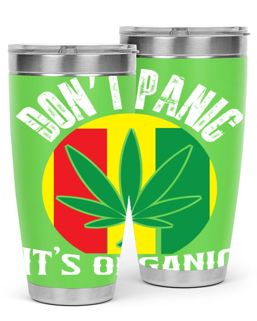 Dont Panic It's Organic 70# Tumbler in stainless steel with vibrant print, showcasing double wall vacuum insulation and a drink-thru lid.