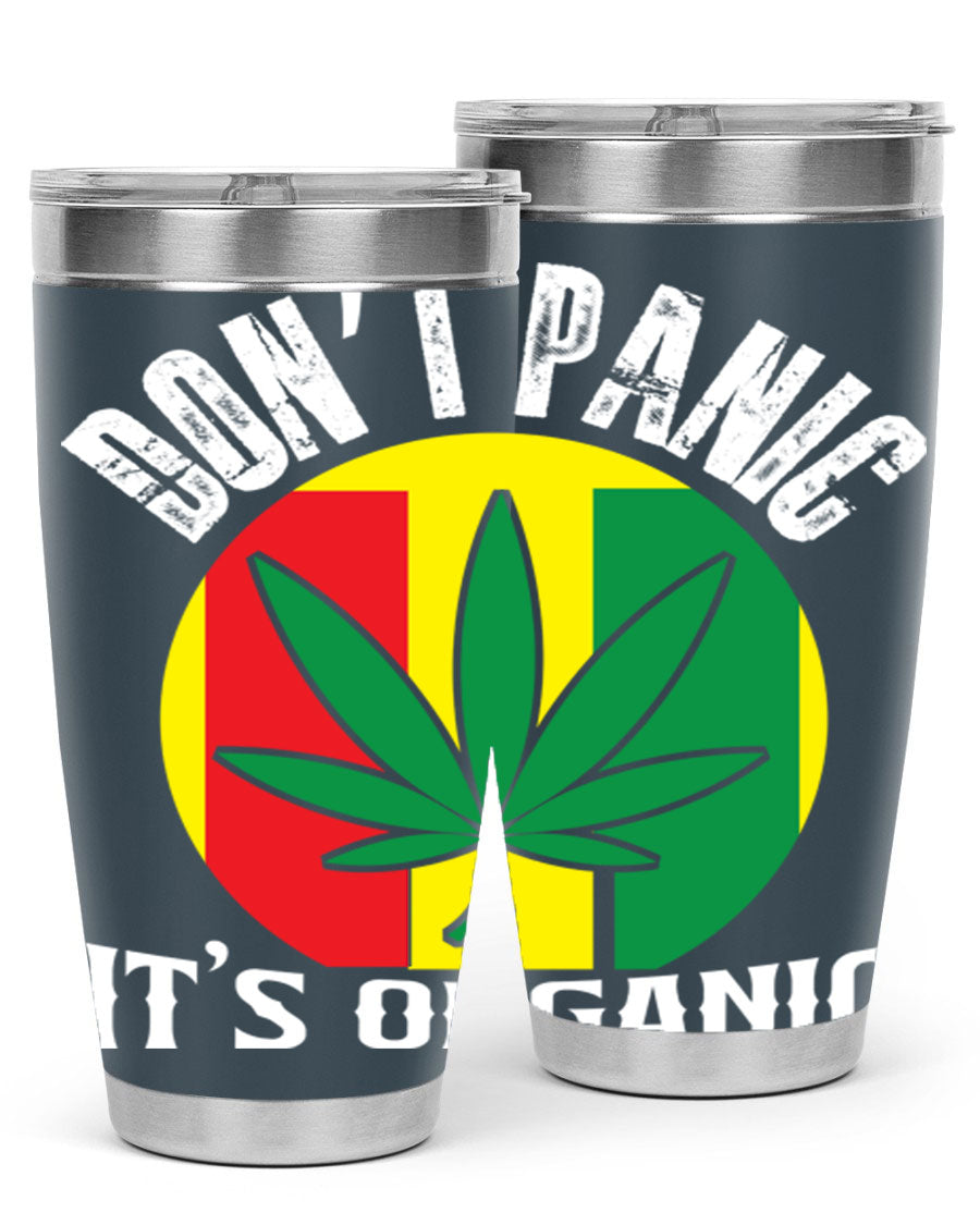 Dont Panic It's Organic 70# Tumbler in stainless steel with vibrant print, showcasing double wall vacuum insulation and a drink-thru lid.