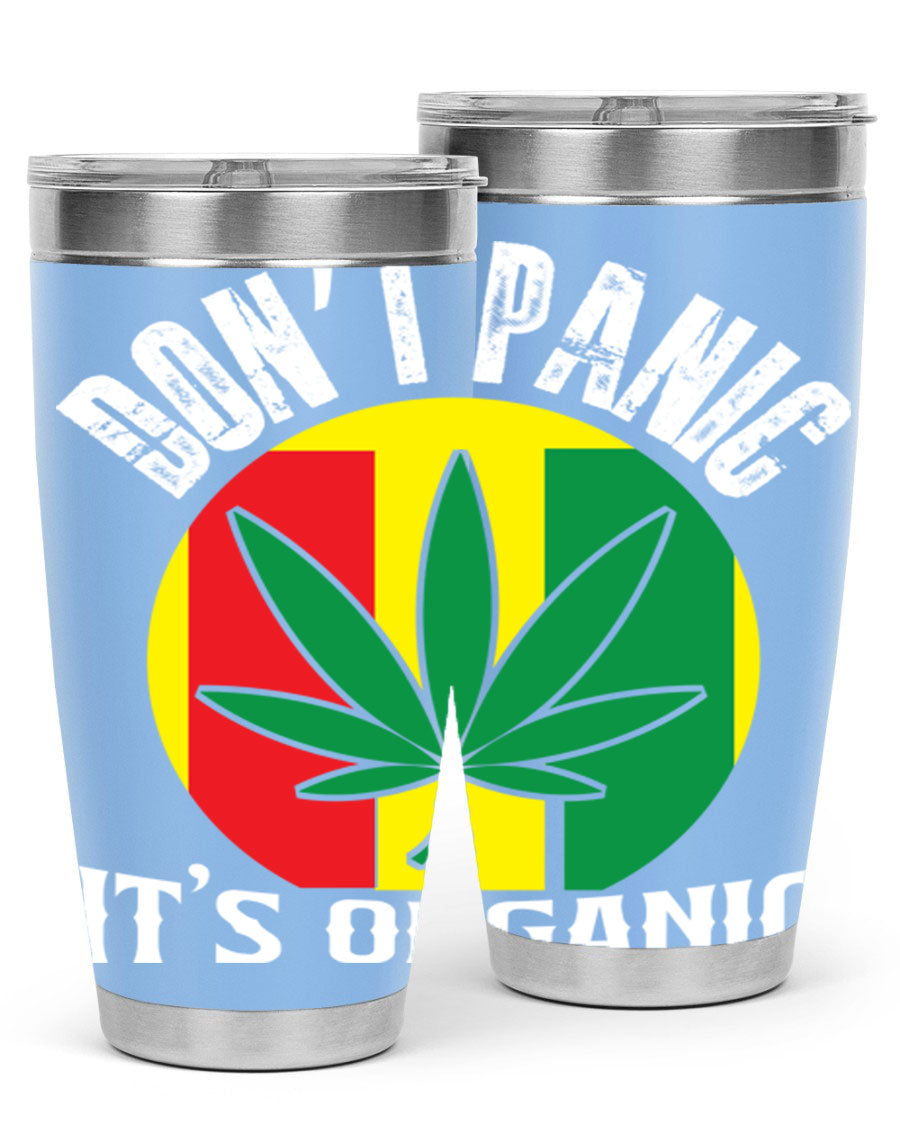 Dont Panic It's Organic 70# Tumbler in stainless steel with vibrant print, showcasing double wall vacuum insulation and a drink-thru lid.