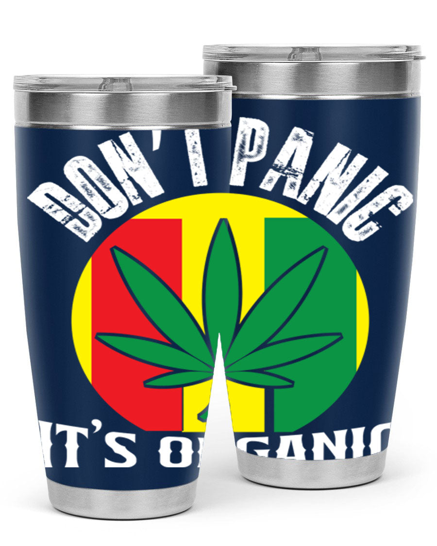 Dont Panic It's Organic 70# Tumbler in stainless steel with vibrant print, showcasing double wall vacuum insulation and a drink-thru lid.