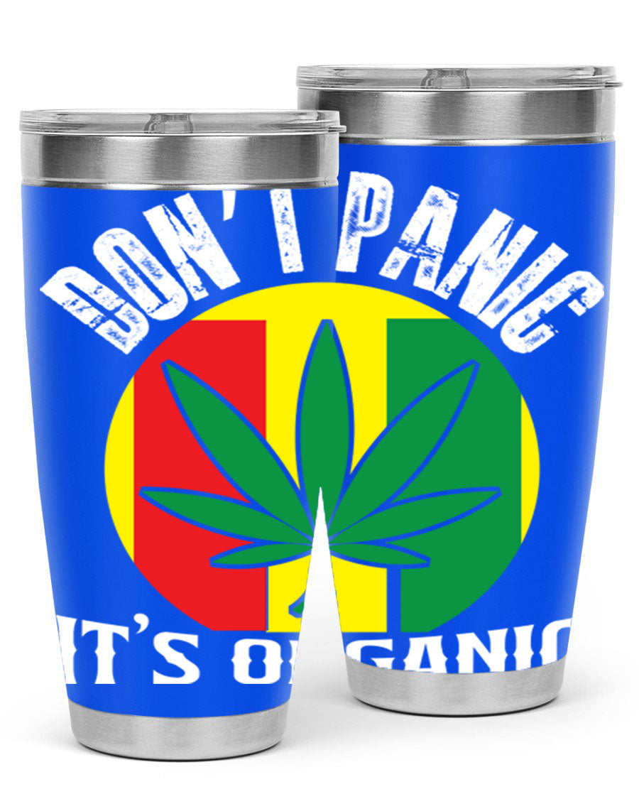 Dont Panic It's Organic 70# Tumbler in stainless steel with vibrant print, showcasing double wall vacuum insulation and a drink-thru lid.