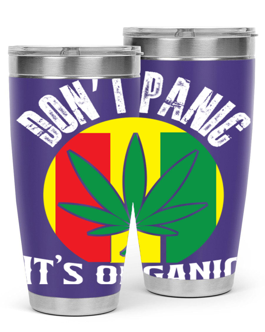 Dont Panic It's Organic 70# Tumbler in stainless steel with vibrant print, showcasing double wall vacuum insulation and a drink-thru lid.
