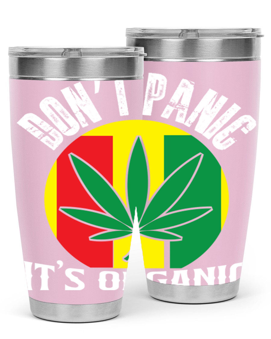 Dont Panic It's Organic 70# Tumbler in stainless steel with vibrant print, showcasing double wall vacuum insulation and a drink-thru lid.