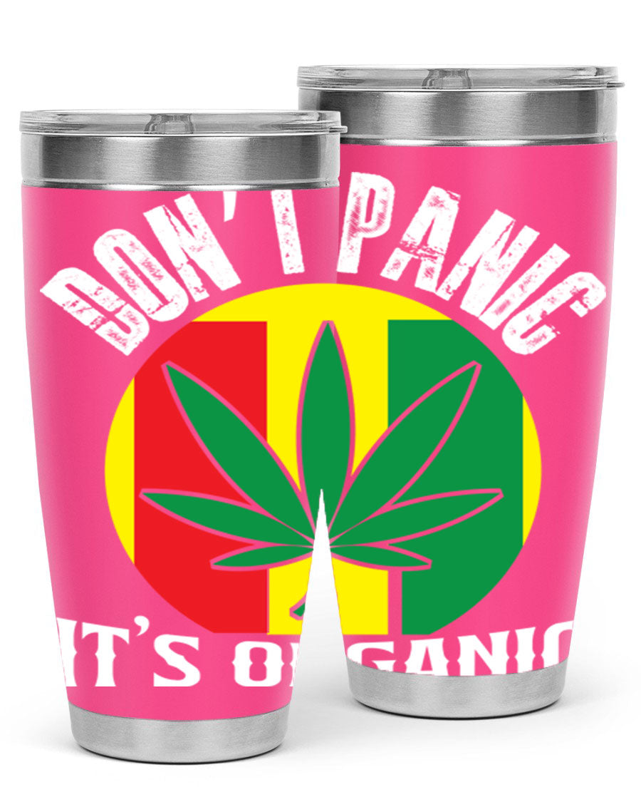 Dont Panic It's Organic 70# Tumbler in stainless steel with vibrant print, showcasing double wall vacuum insulation and a drink-thru lid.