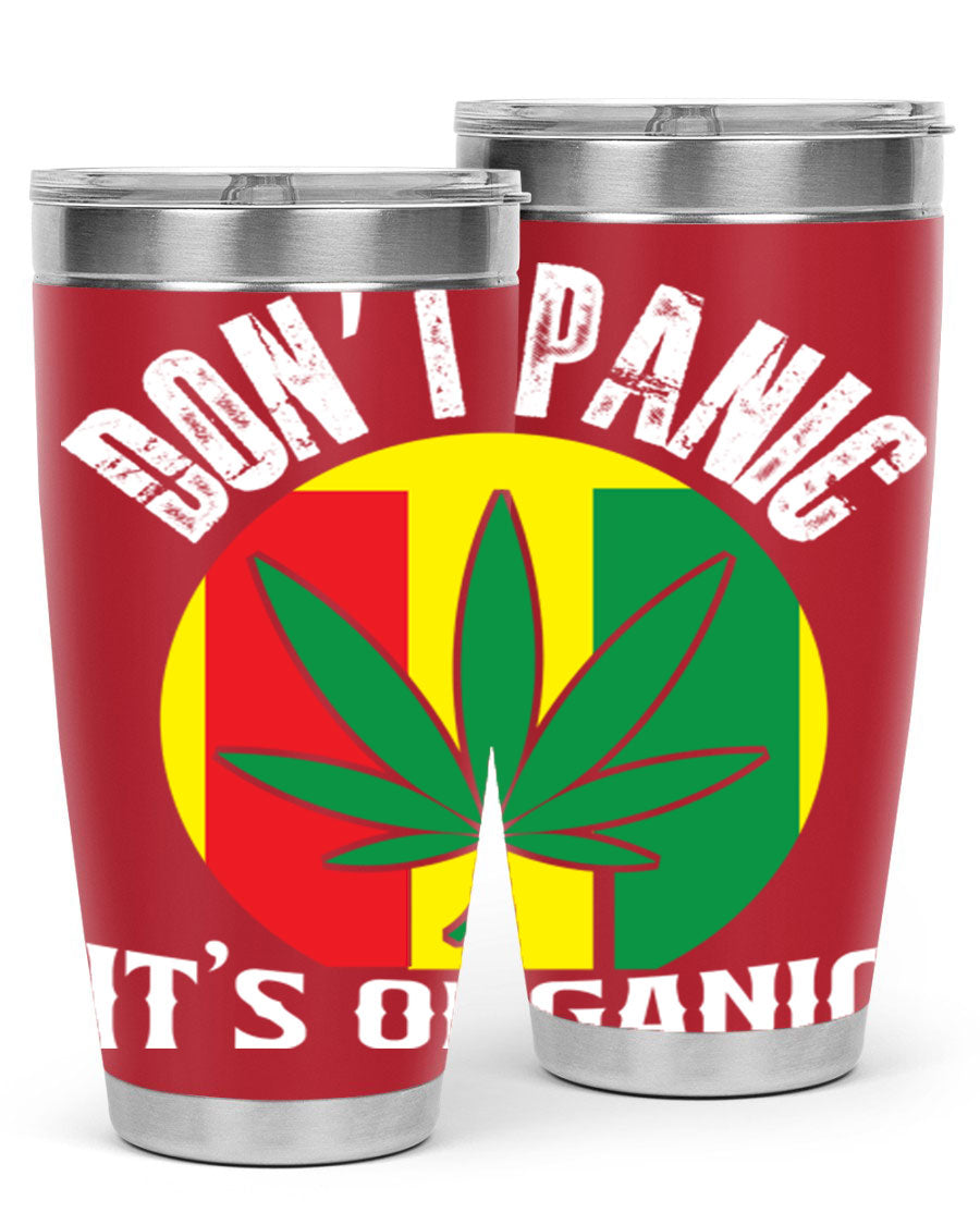 Dont Panic It's Organic 70# Tumbler in stainless steel with vibrant print, showcasing double wall vacuum insulation and a drink-thru lid.