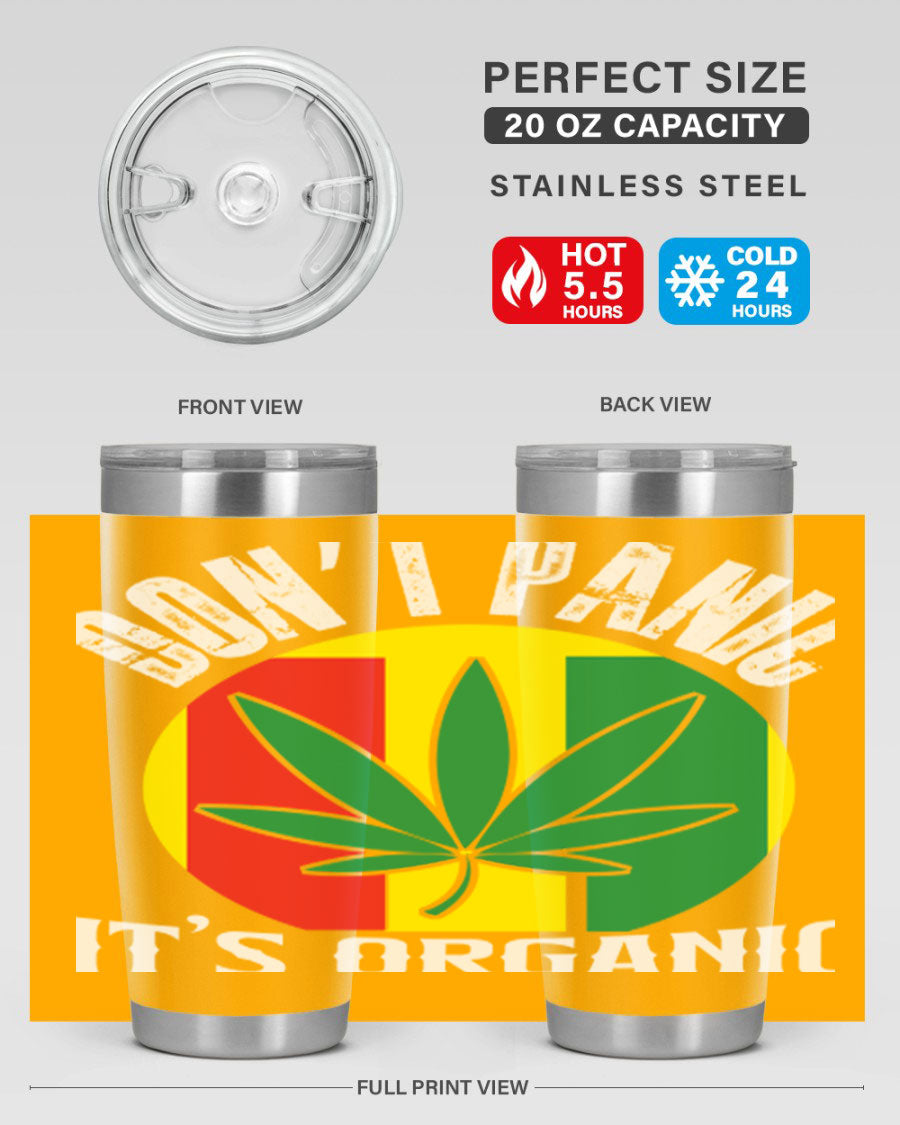 Dont Panic It's Organic 70# Tumbler in stainless steel with vibrant print, showcasing double wall vacuum insulation and a drink-thru lid.