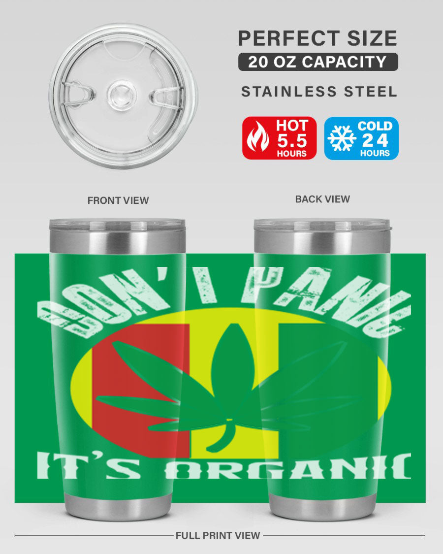Dont Panic It's Organic 70# Tumbler in stainless steel with vibrant print, showcasing double wall vacuum insulation and a drink-thru lid.