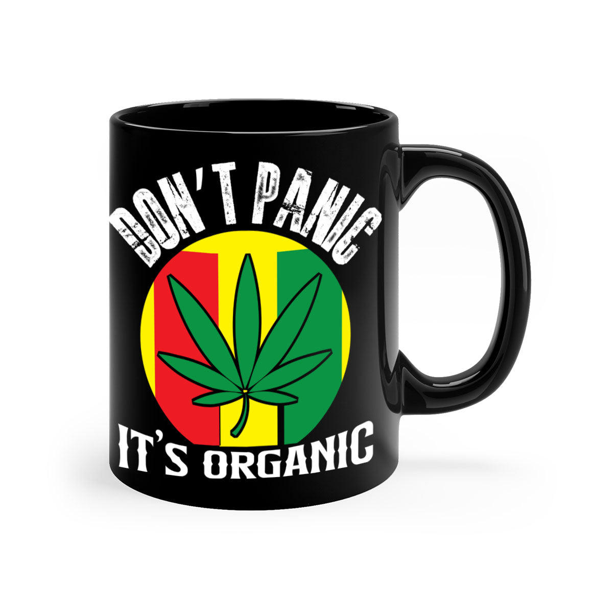 Dont Panic It's Organic 70# Mug with colorful handle and glossy finish, available in multiple colors and sizes.