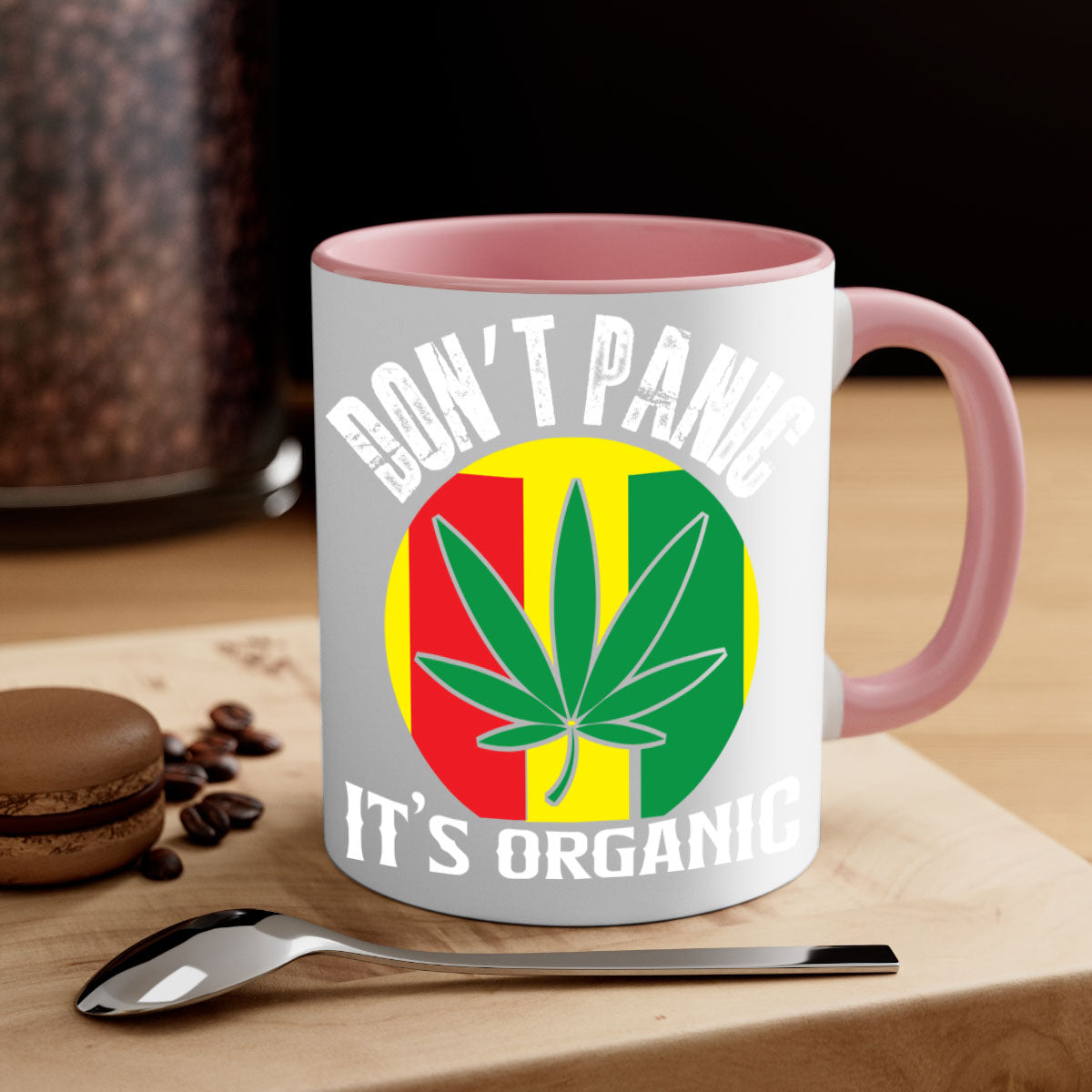 Dont Panic It's Organic 70# Mug with colorful handle and glossy finish, available in multiple colors and sizes.