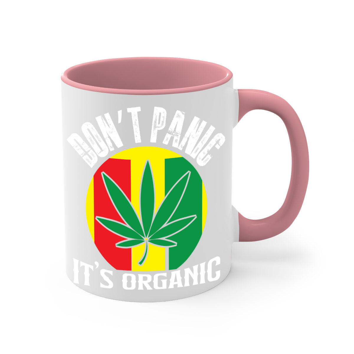 Dont Panic It's Organic 70# Mug with colorful handle and glossy finish, available in multiple colors and sizes.