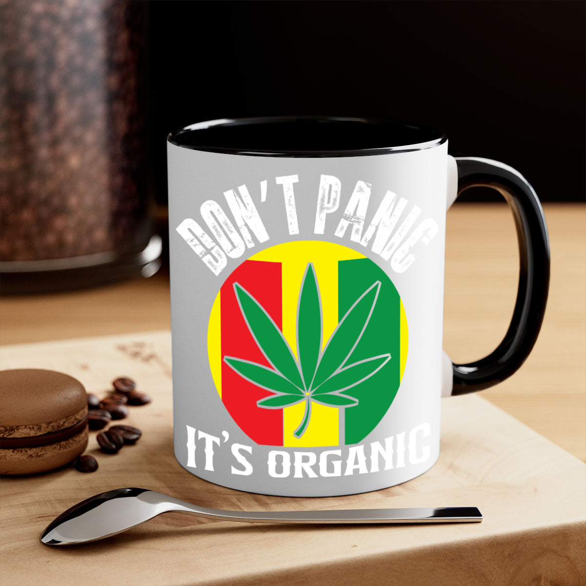 Dont Panic It's Organic 70# Mug with colorful handle and glossy finish, available in multiple colors and sizes.