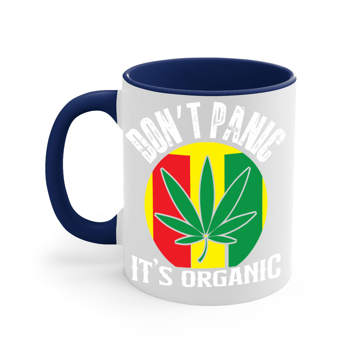 Dont Panic It's Organic 70# Mug with colorful handle and glossy finish, available in multiple colors and sizes.