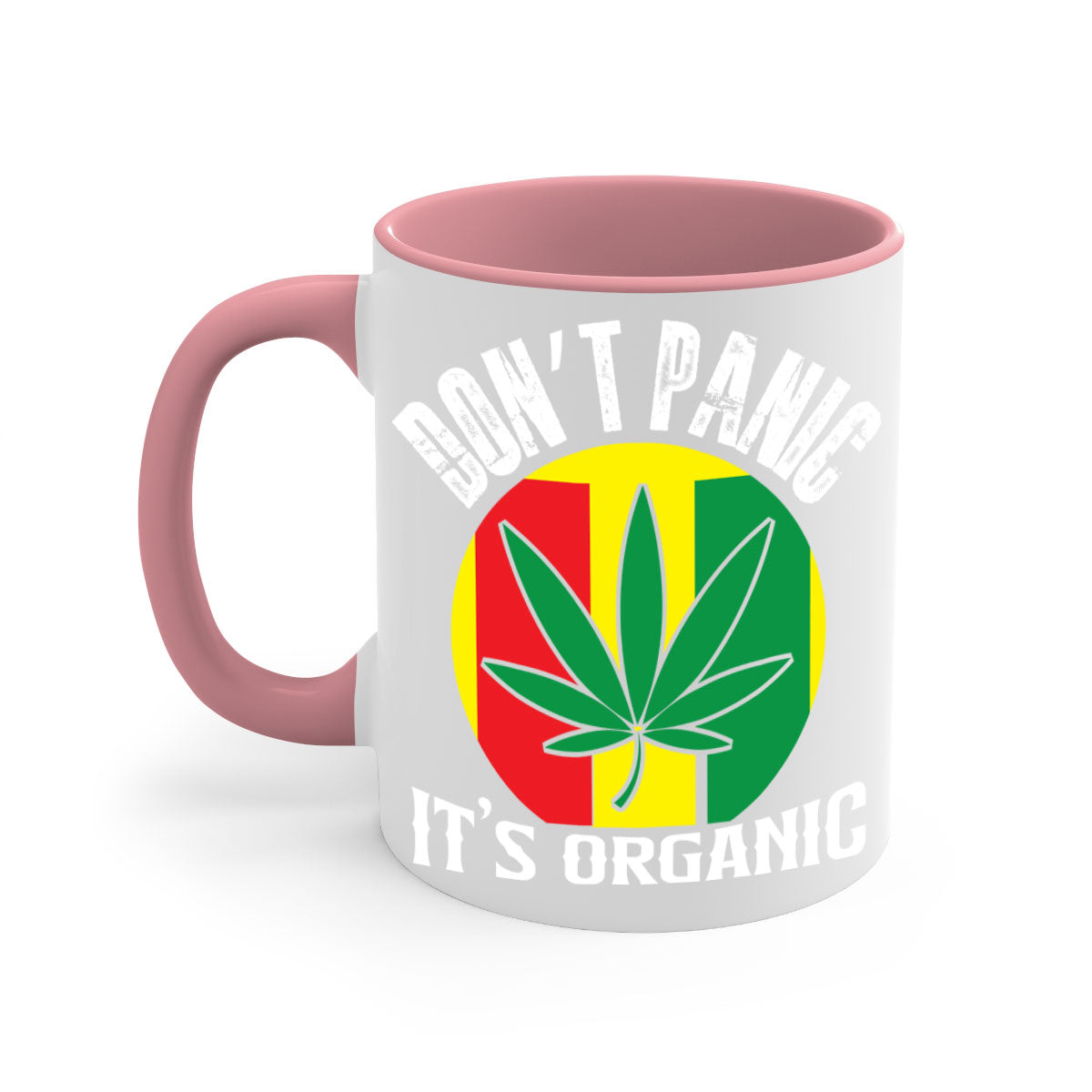 Dont Panic It's Organic 70# Mug with colorful handle and glossy finish, available in multiple colors and sizes.
