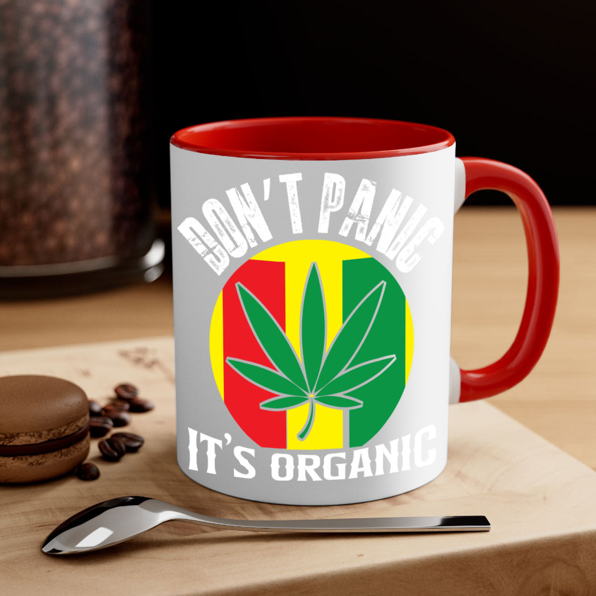 Dont Panic It's Organic 70# Mug with colorful handle and glossy finish, available in multiple colors and sizes.
