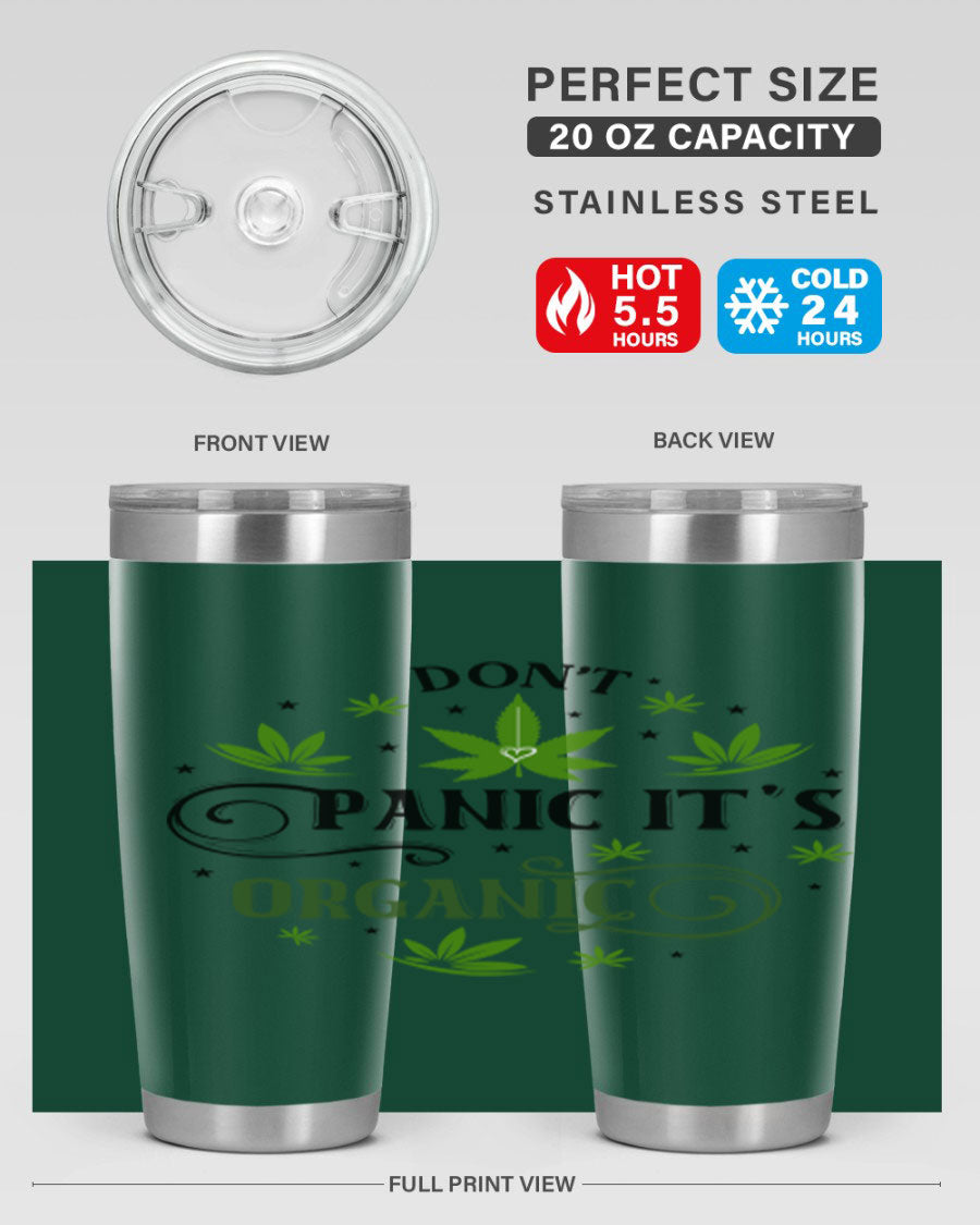 Dont Panic Its Organic 71# 20oz stainless steel tumbler with a drink-thru lid, showcasing its sleek design and vibrant print.