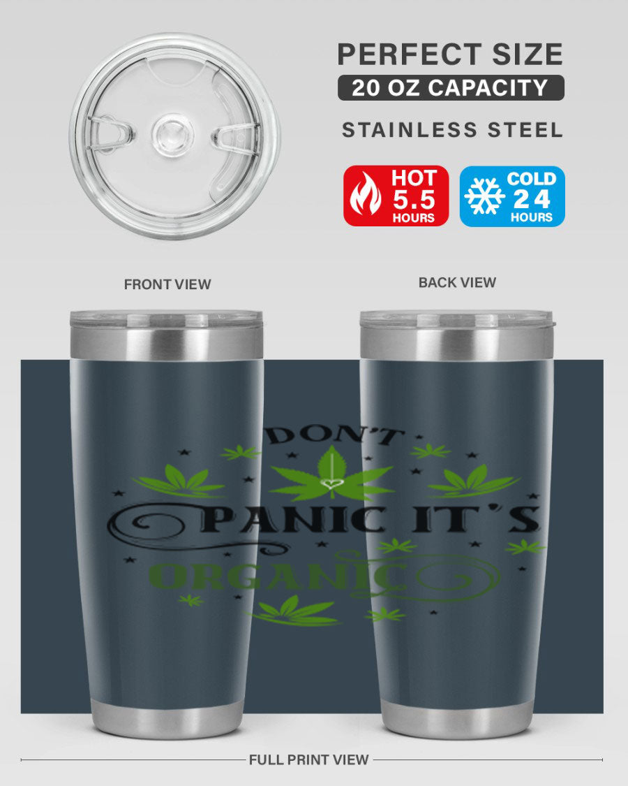 Dont Panic Its Organic 71# 20oz stainless steel tumbler with a drink-thru lid, showcasing its sleek design and vibrant print.