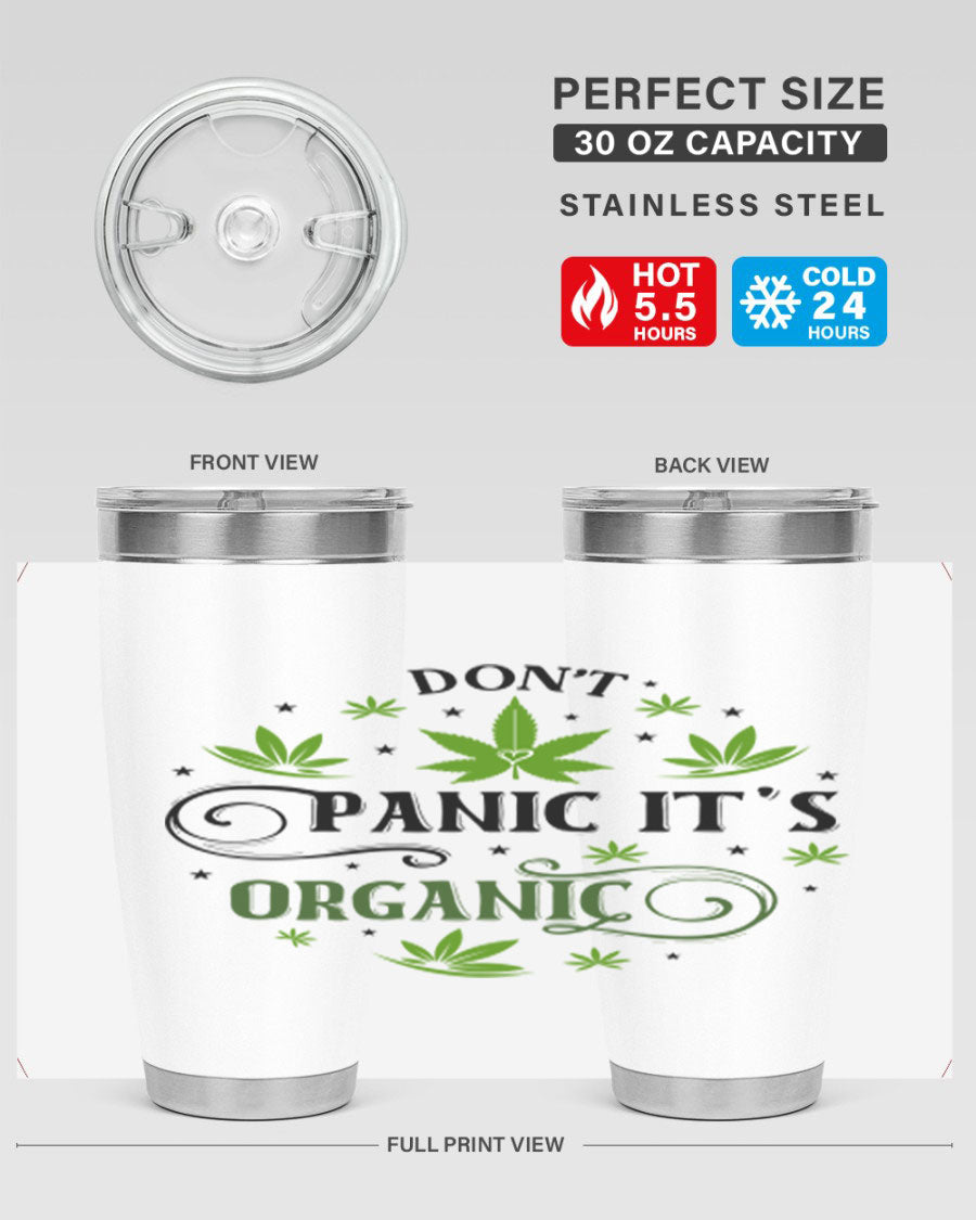 Dont Panic Its Organic 71# 20oz stainless steel tumbler with a drink-thru lid, showcasing its sleek design and vibrant print.
