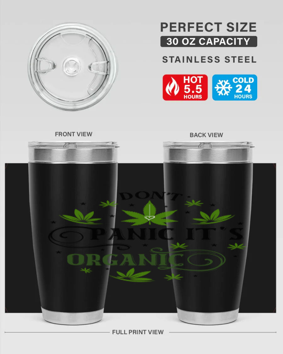 Dont Panic Its Organic 71# 20oz stainless steel tumbler with a drink-thru lid, showcasing its sleek design and vibrant print.