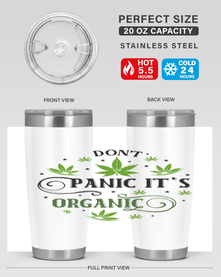 Dont Panic Its Organic 71# 20oz stainless steel tumbler with a drink-thru lid, showcasing its sleek design and vibrant print.