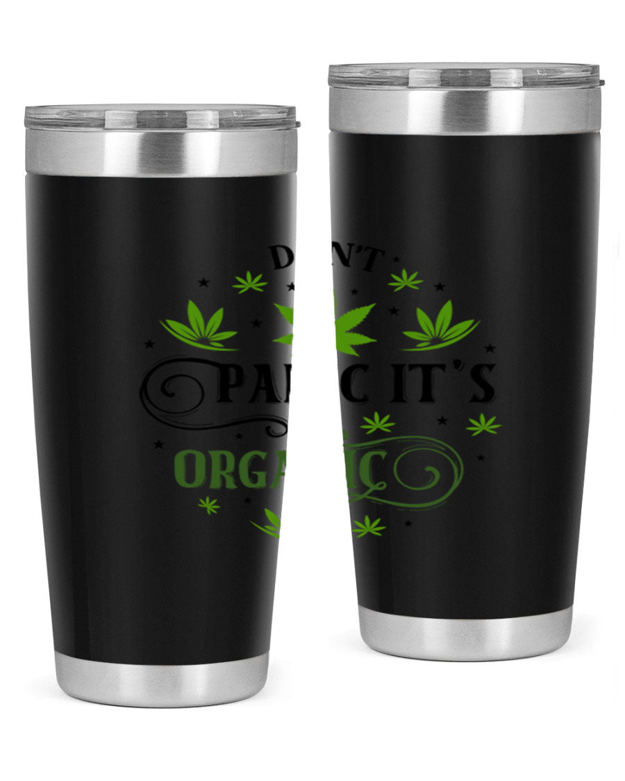 Dont Panic Its Organic 71# 20oz stainless steel tumbler with a drink-thru lid, showcasing its sleek design and vibrant print.