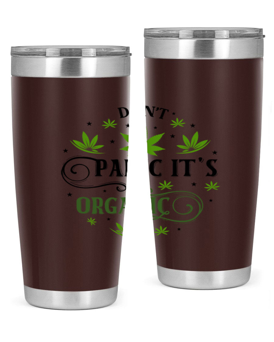 Dont Panic Its Organic 71# 20oz stainless steel tumbler with a drink-thru lid, showcasing its sleek design and vibrant print.