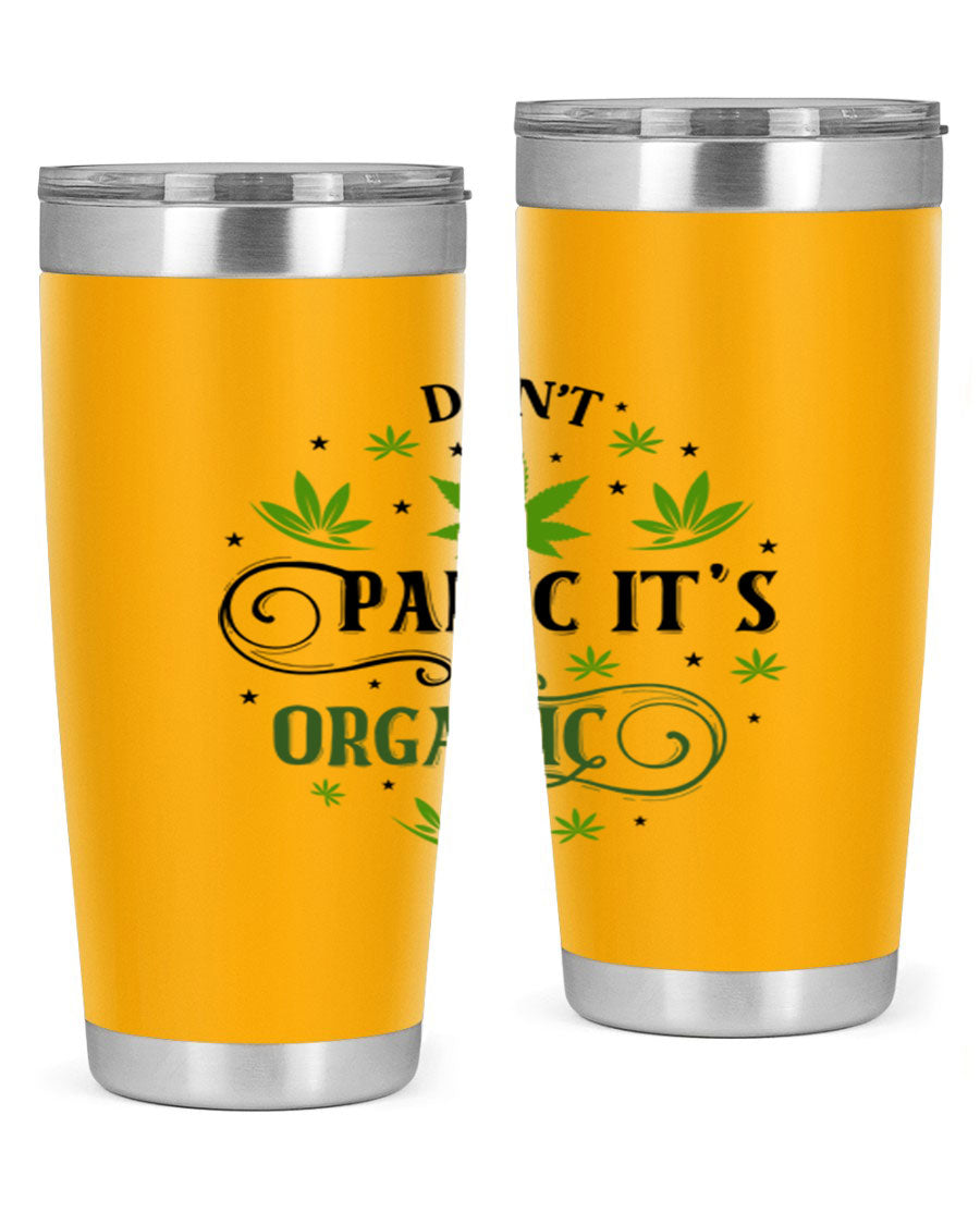 Dont Panic Its Organic 71# 20oz stainless steel tumbler with a drink-thru lid, showcasing its sleek design and vibrant print.