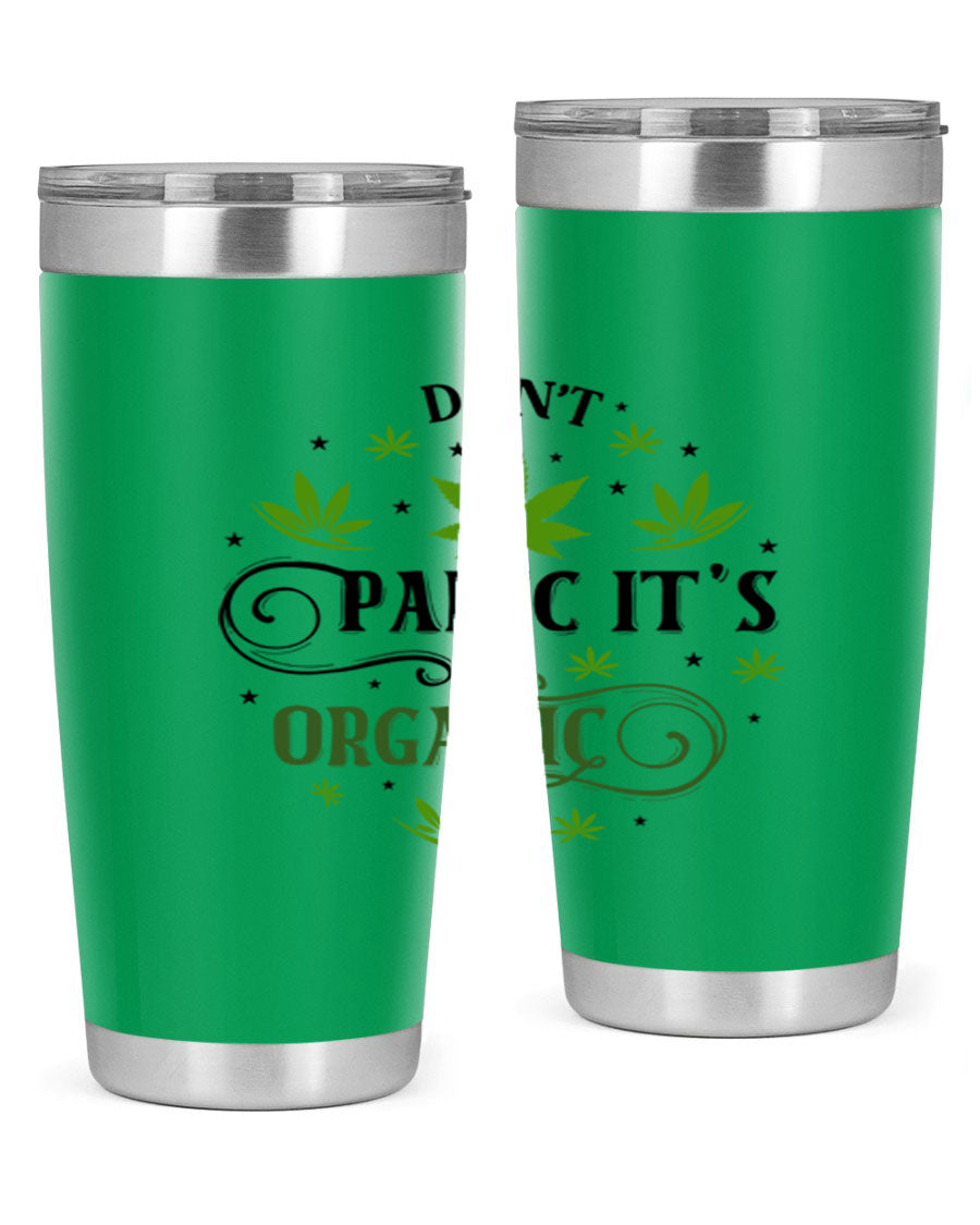 Dont Panic Its Organic 71# 20oz stainless steel tumbler with a drink-thru lid, showcasing its sleek design and vibrant print.