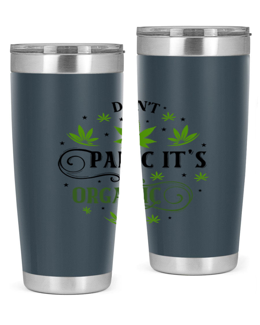 Dont Panic Its Organic 71# 20oz stainless steel tumbler with a drink-thru lid, showcasing its sleek design and vibrant print.