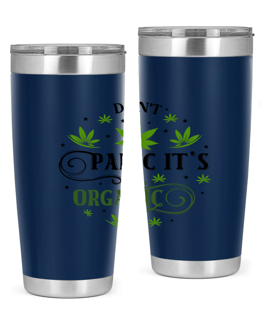 Dont Panic Its Organic 71# 20oz stainless steel tumbler with a drink-thru lid, showcasing its sleek design and vibrant print.
