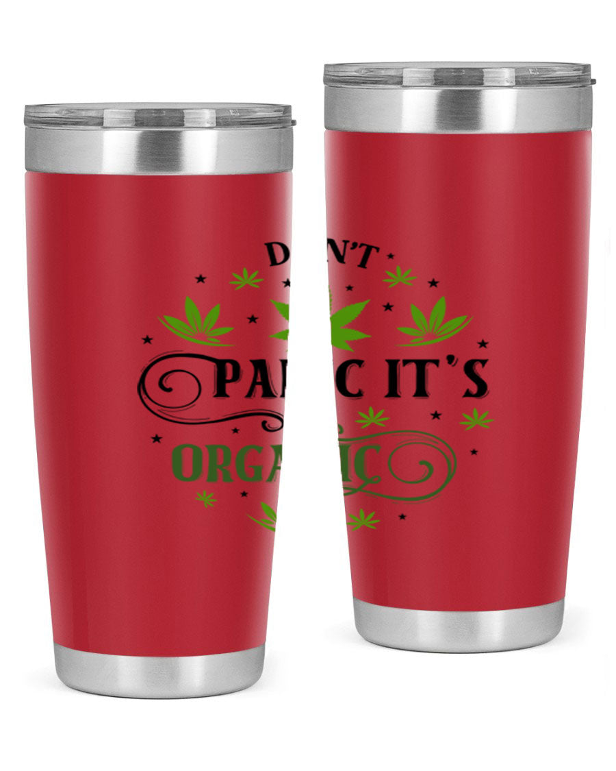Dont Panic Its Organic 71# 20oz stainless steel tumbler with a drink-thru lid, showcasing its sleek design and vibrant print.