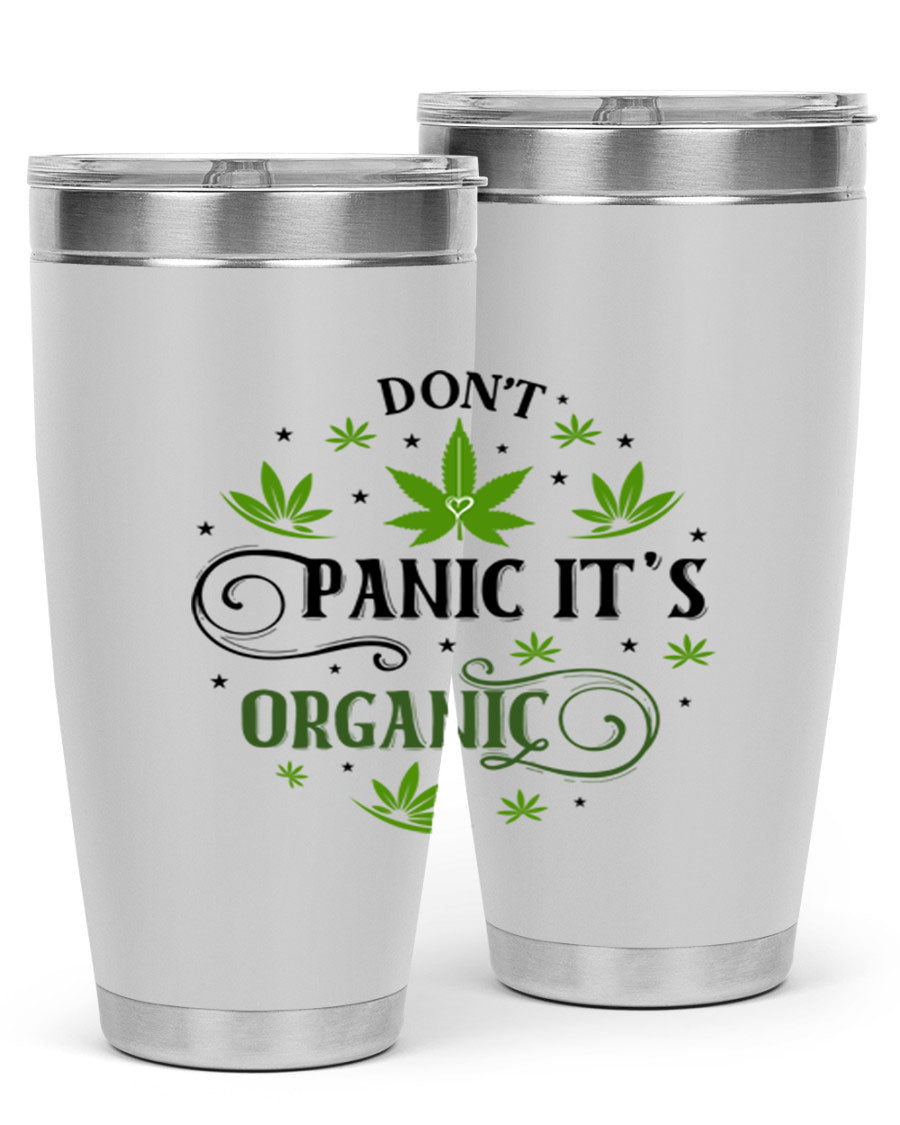 Dont Panic Its Organic 71# 20oz stainless steel tumbler with a drink-thru lid, showcasing its sleek design and vibrant print.