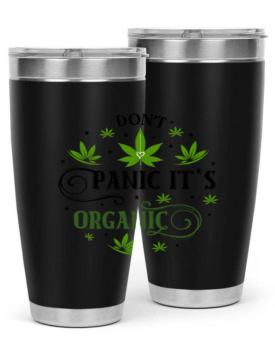 Dont Panic Its Organic 71# 20oz stainless steel tumbler with a drink-thru lid, showcasing its sleek design and vibrant print.