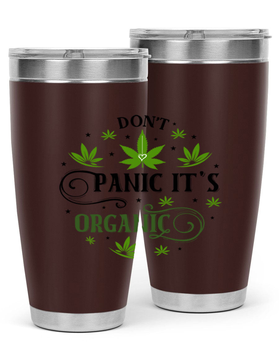 Dont Panic Its Organic 71# 20oz stainless steel tumbler with a drink-thru lid, showcasing its sleek design and vibrant print.