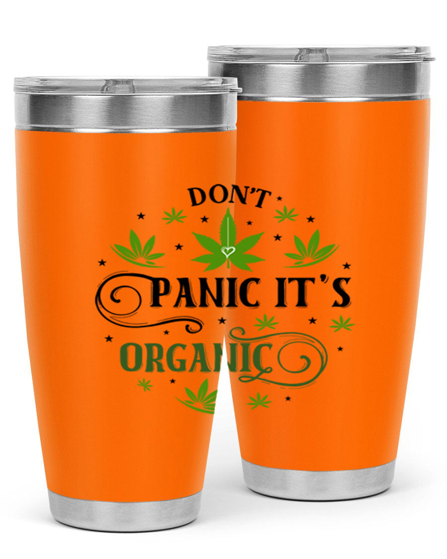 Dont Panic Its Organic 71# 20oz stainless steel tumbler with a drink-thru lid, showcasing its sleek design and vibrant print.