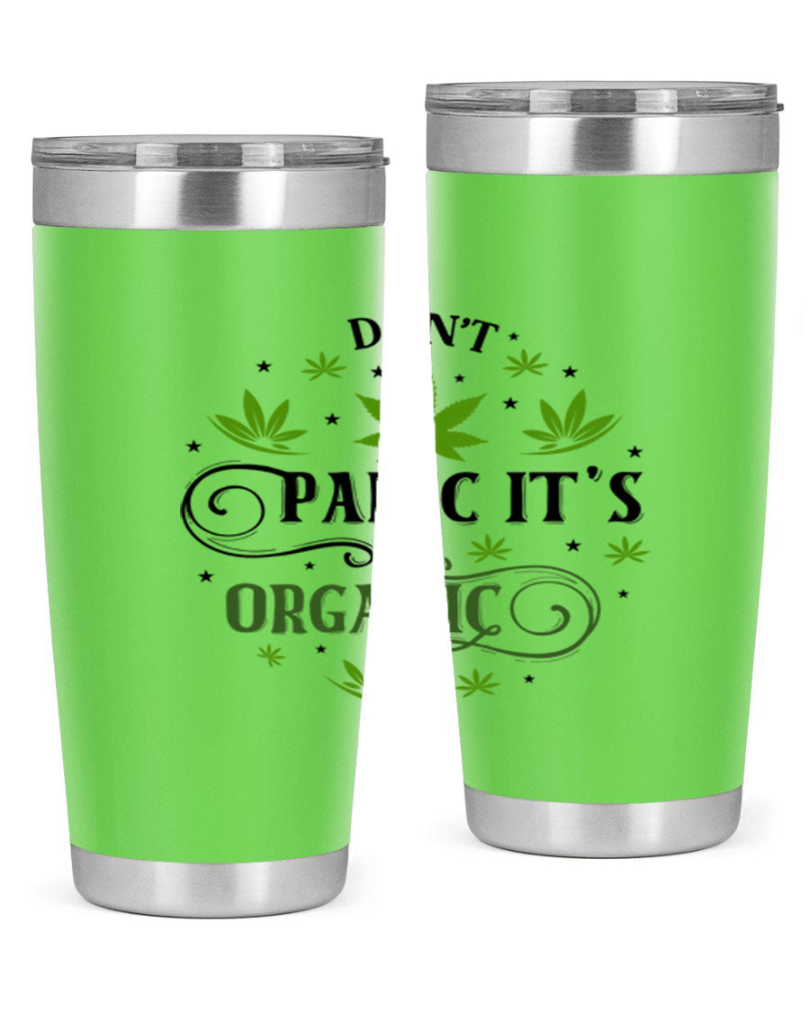 Dont Panic Its Organic 71# 20oz stainless steel tumbler with a drink-thru lid, showcasing its sleek design and vibrant print.