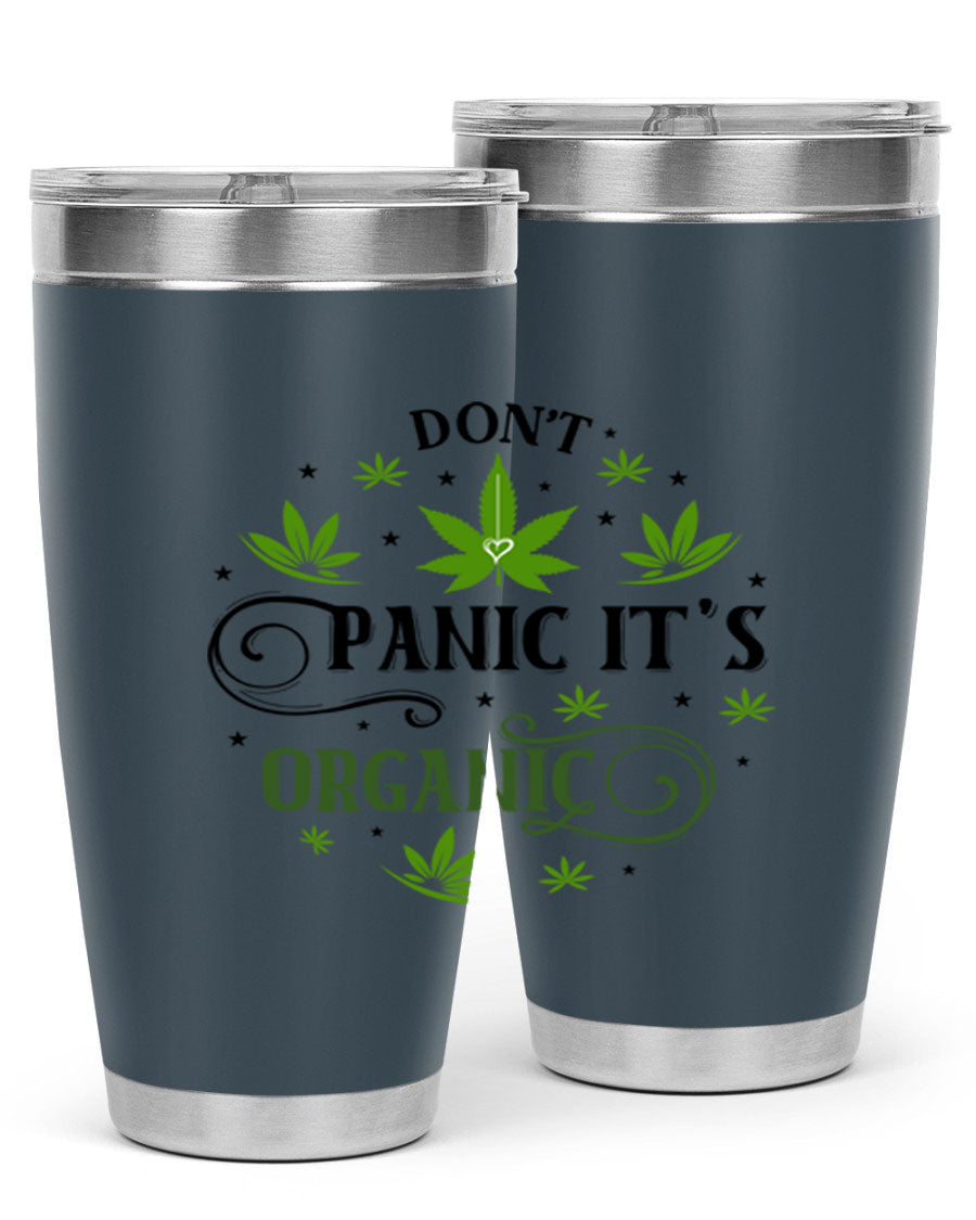 Dont Panic Its Organic 71# 20oz stainless steel tumbler with a drink-thru lid, showcasing its sleek design and vibrant print.