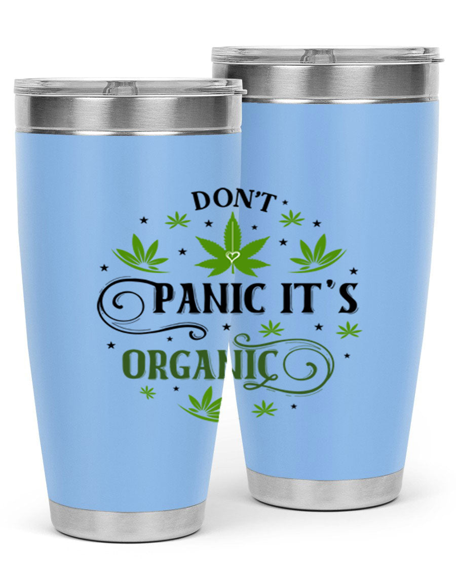 Dont Panic Its Organic 71# 20oz stainless steel tumbler with a drink-thru lid, showcasing its sleek design and vibrant print.