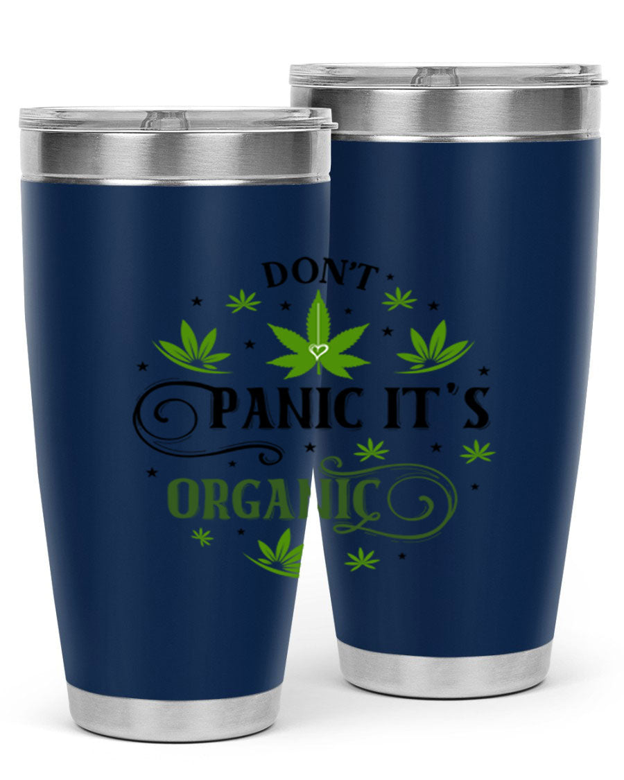 Dont Panic Its Organic 71# 20oz stainless steel tumbler with a drink-thru lid, showcasing its sleek design and vibrant print.