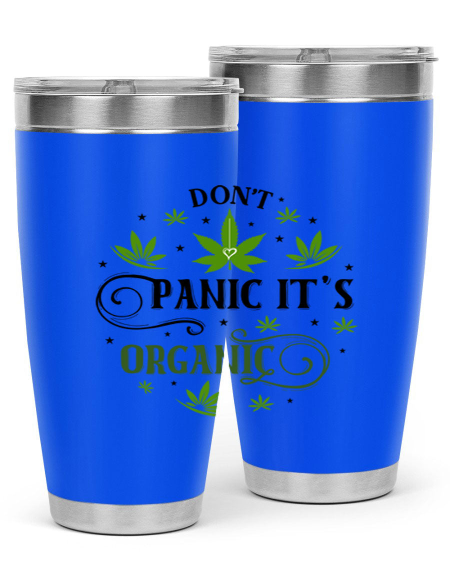Dont Panic Its Organic 71# 20oz stainless steel tumbler with a drink-thru lid, showcasing its sleek design and vibrant print.
