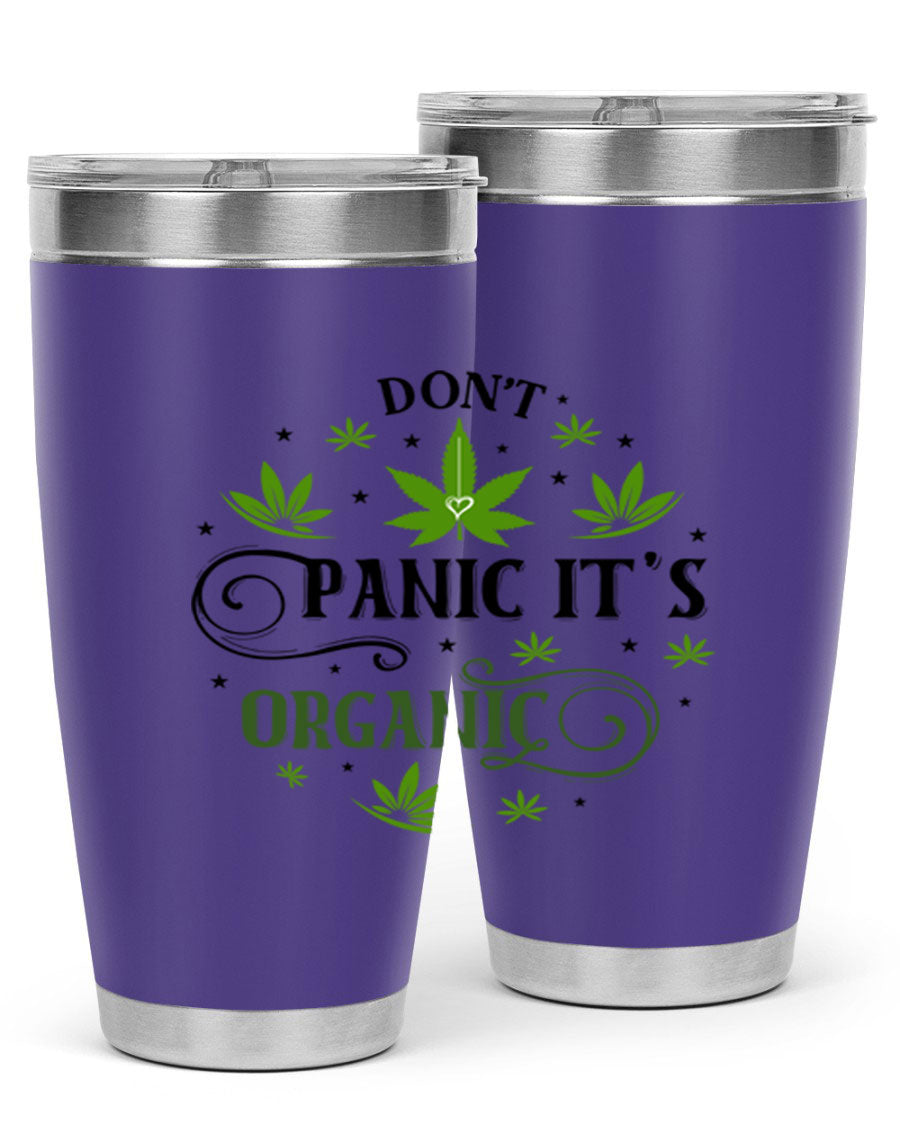 Dont Panic Its Organic 71# 20oz stainless steel tumbler with a drink-thru lid, showcasing its sleek design and vibrant print.