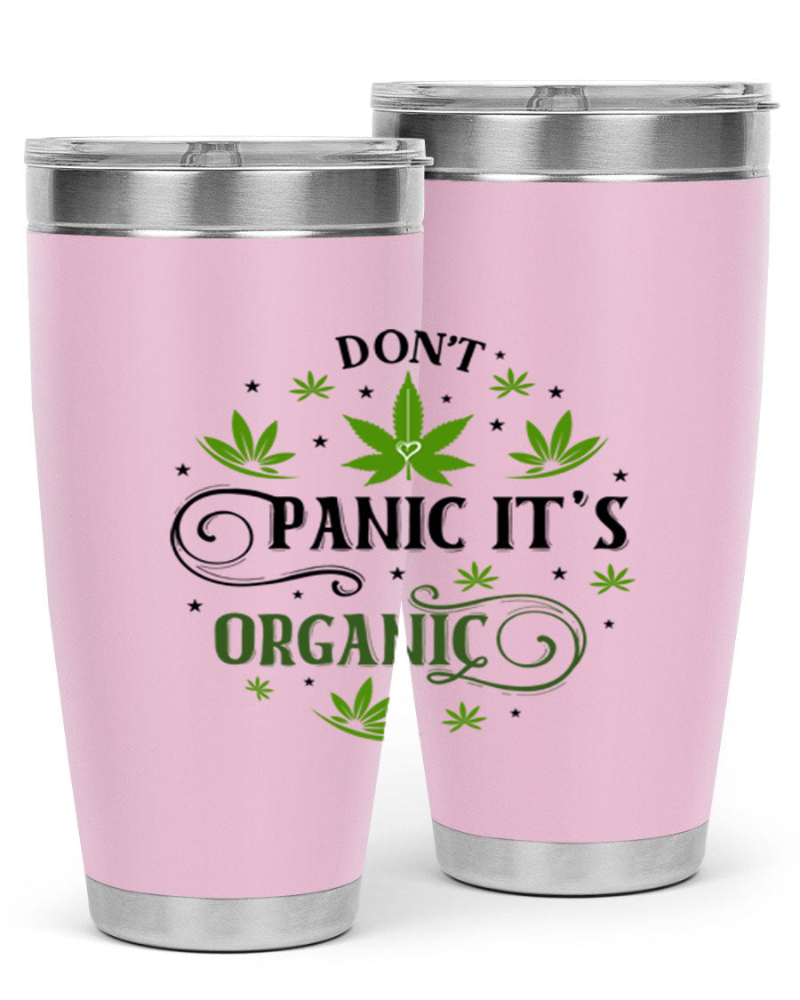 Dont Panic Its Organic 71# 20oz stainless steel tumbler with a drink-thru lid, showcasing its sleek design and vibrant print.