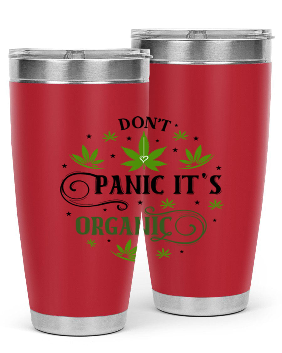 Dont Panic Its Organic 71# 20oz stainless steel tumbler with a drink-thru lid, showcasing its sleek design and vibrant print.