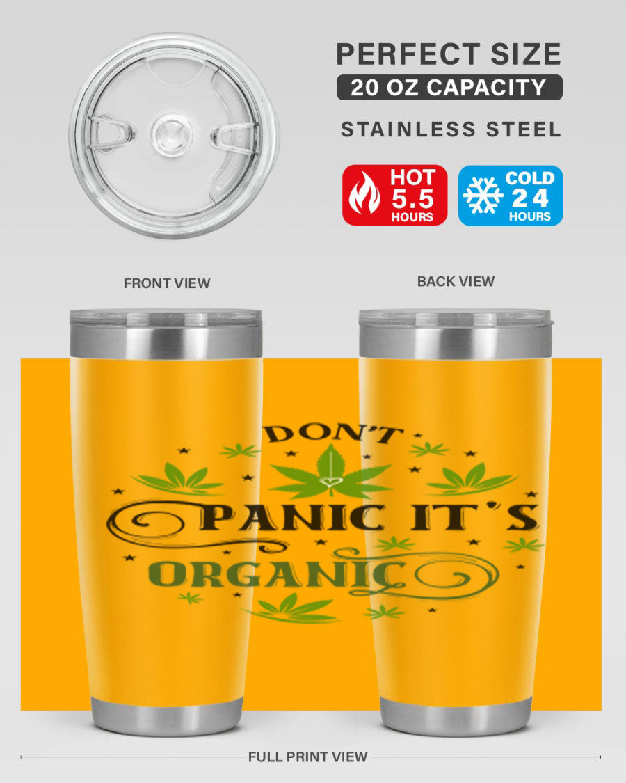 Dont Panic Its Organic 71# 20oz stainless steel tumbler with a drink-thru lid, showcasing its sleek design and vibrant print.