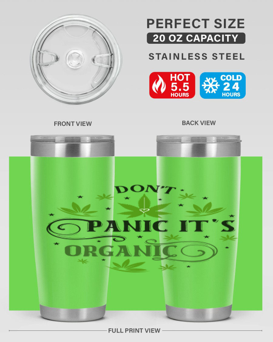 Dont Panic Its Organic 71# 20oz stainless steel tumbler with a drink-thru lid, showcasing its sleek design and vibrant print.