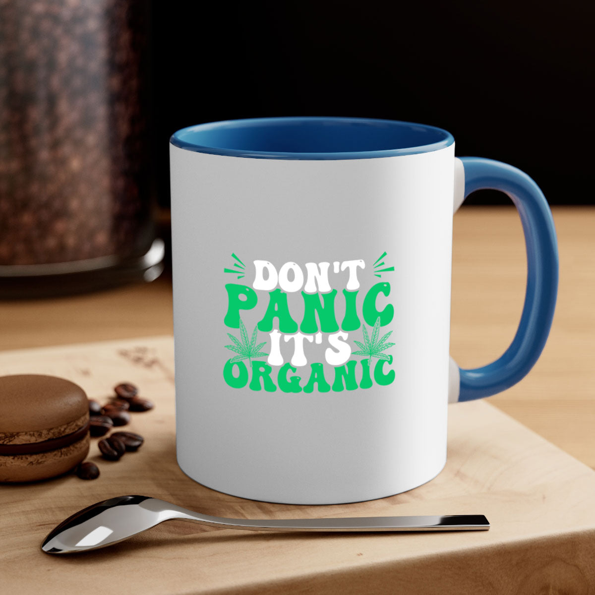 Don't Panic It's Organic 73# Mug with a glossy finish and colorful handle, available in multiple colors and sizes.