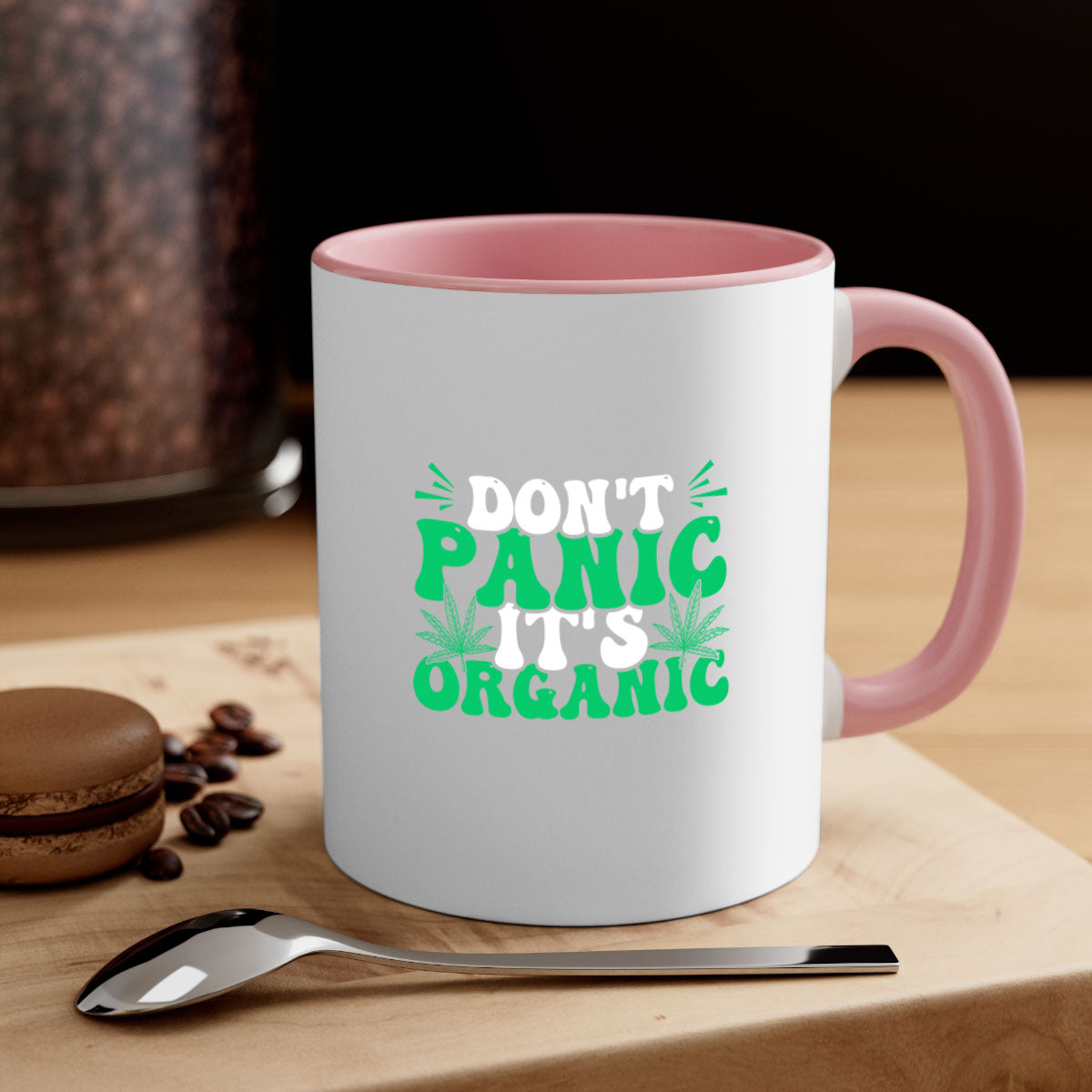 Don't Panic It's Organic 73# Mug with a glossy finish and colorful handle, available in multiple colors and sizes.
