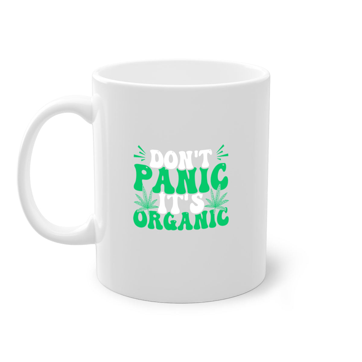 Don't Panic It's Organic 73# Mug with a glossy finish and colorful handle, available in multiple colors and sizes.