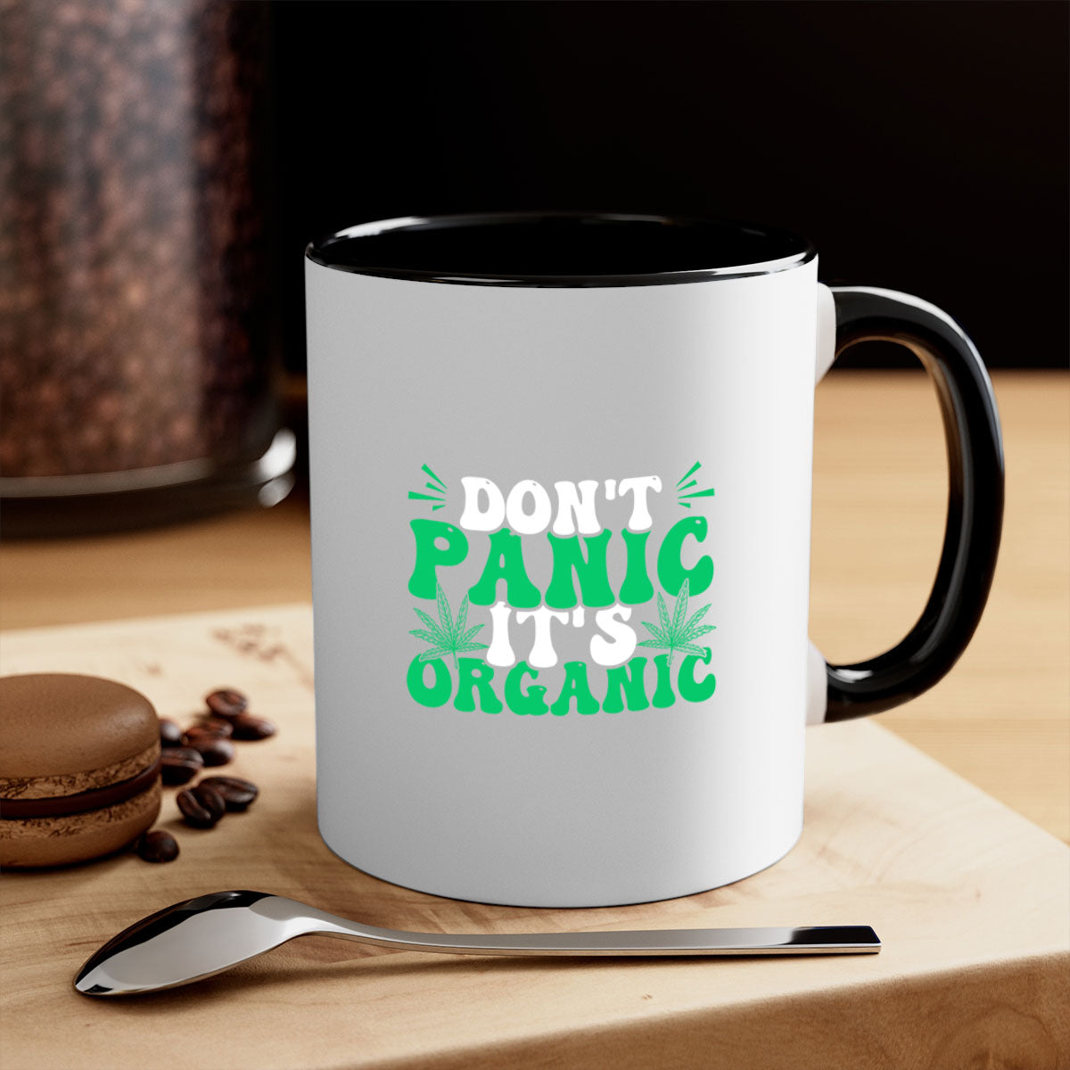 Don't Panic It's Organic 73# Mug with a glossy finish and colorful handle, available in multiple colors and sizes.