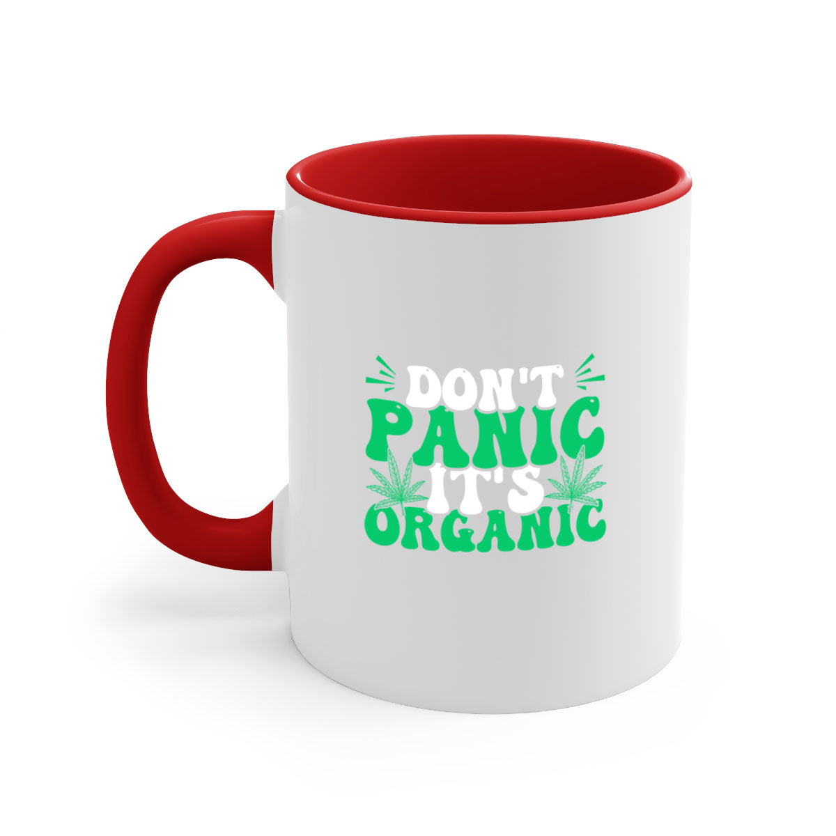 Don't Panic It's Organic 73# Mug with a glossy finish and colorful handle, available in multiple colors and sizes.