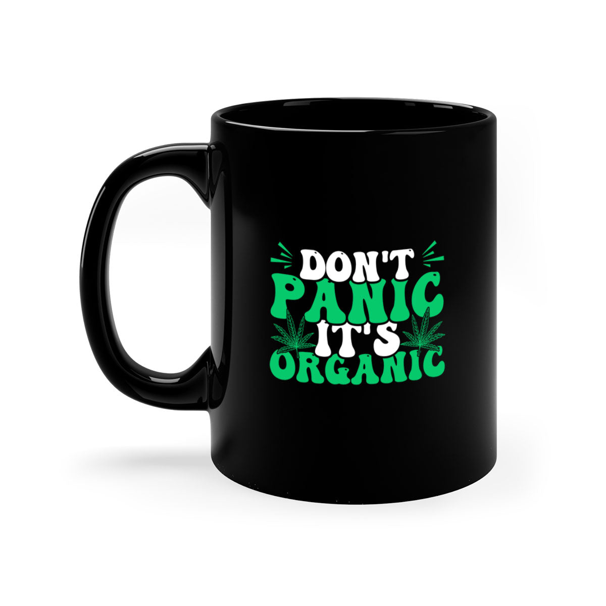Don't Panic It's Organic 73# Mug with a glossy finish and colorful handle, available in multiple colors and sizes.